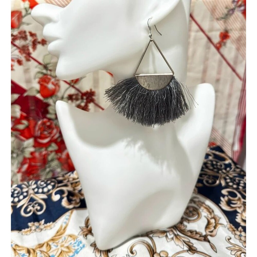 Silver-Tone Triangular Frame and Grey Tassel Statement Earrings